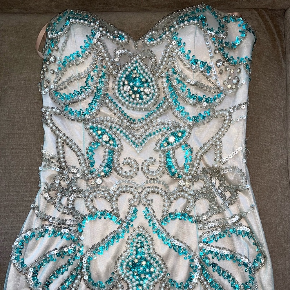 Strapless Sequin Dress with Silver and Blue Accents